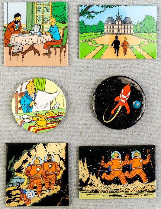 Set of 6 Moulinsart Tintin Scene Fridge Magnets 6.5cm - Moon Rocket/Marlinspike/Snowy