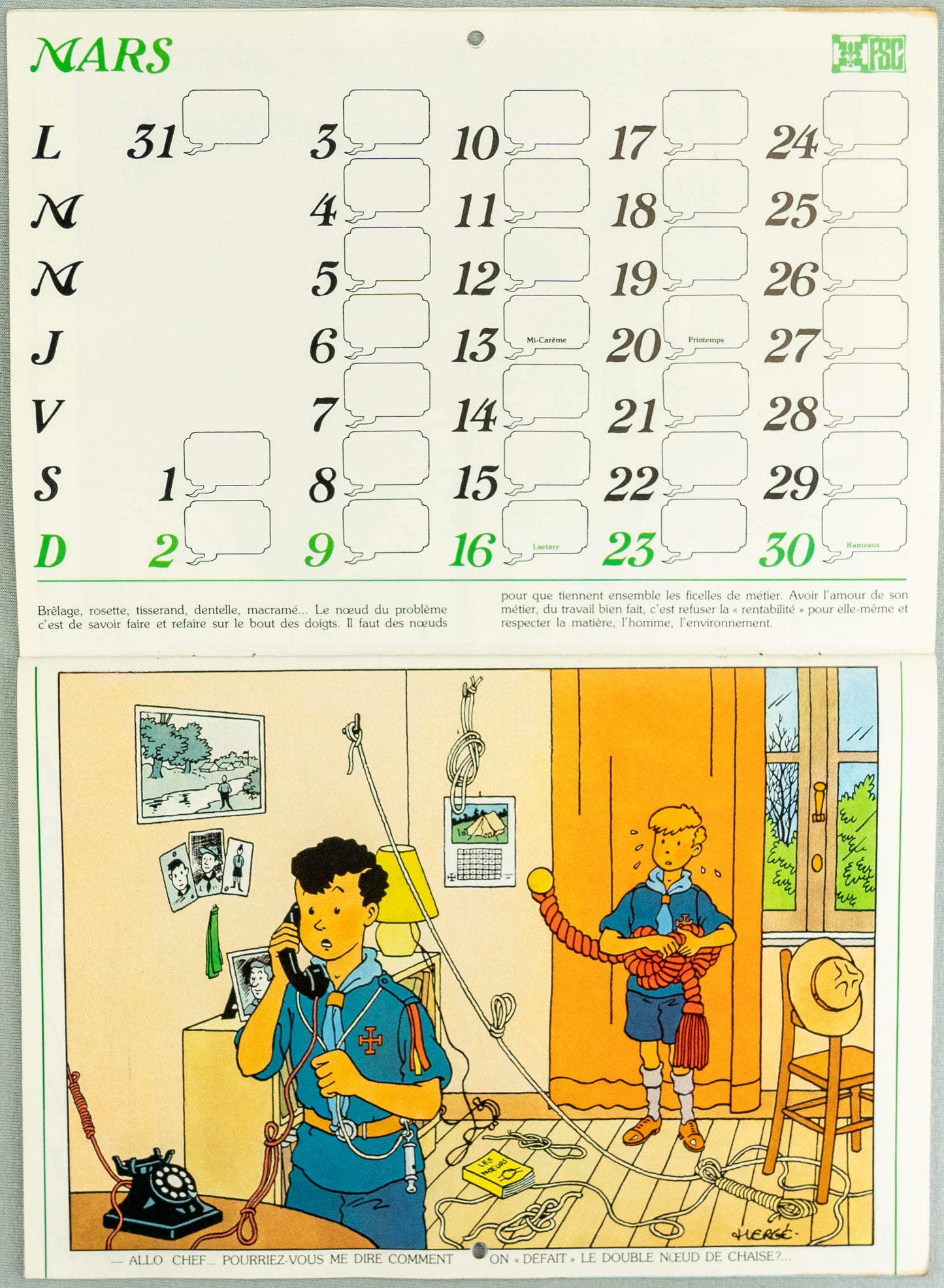 Vintage Casterman 1980 Scout Calendar illustrated by Herge EO Tintin Scoutaient