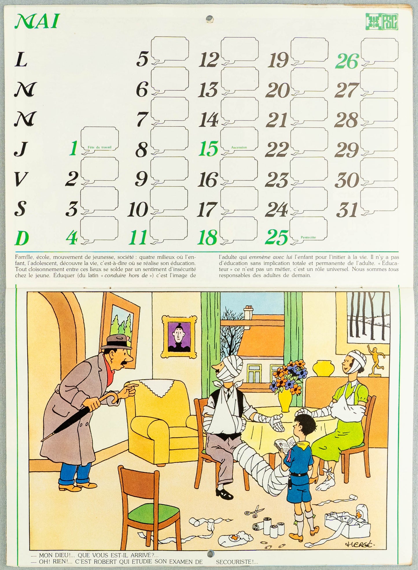 Vintage Casterman 1980 Scout Calendar illustrated by Herge EO Tintin Scoutaient