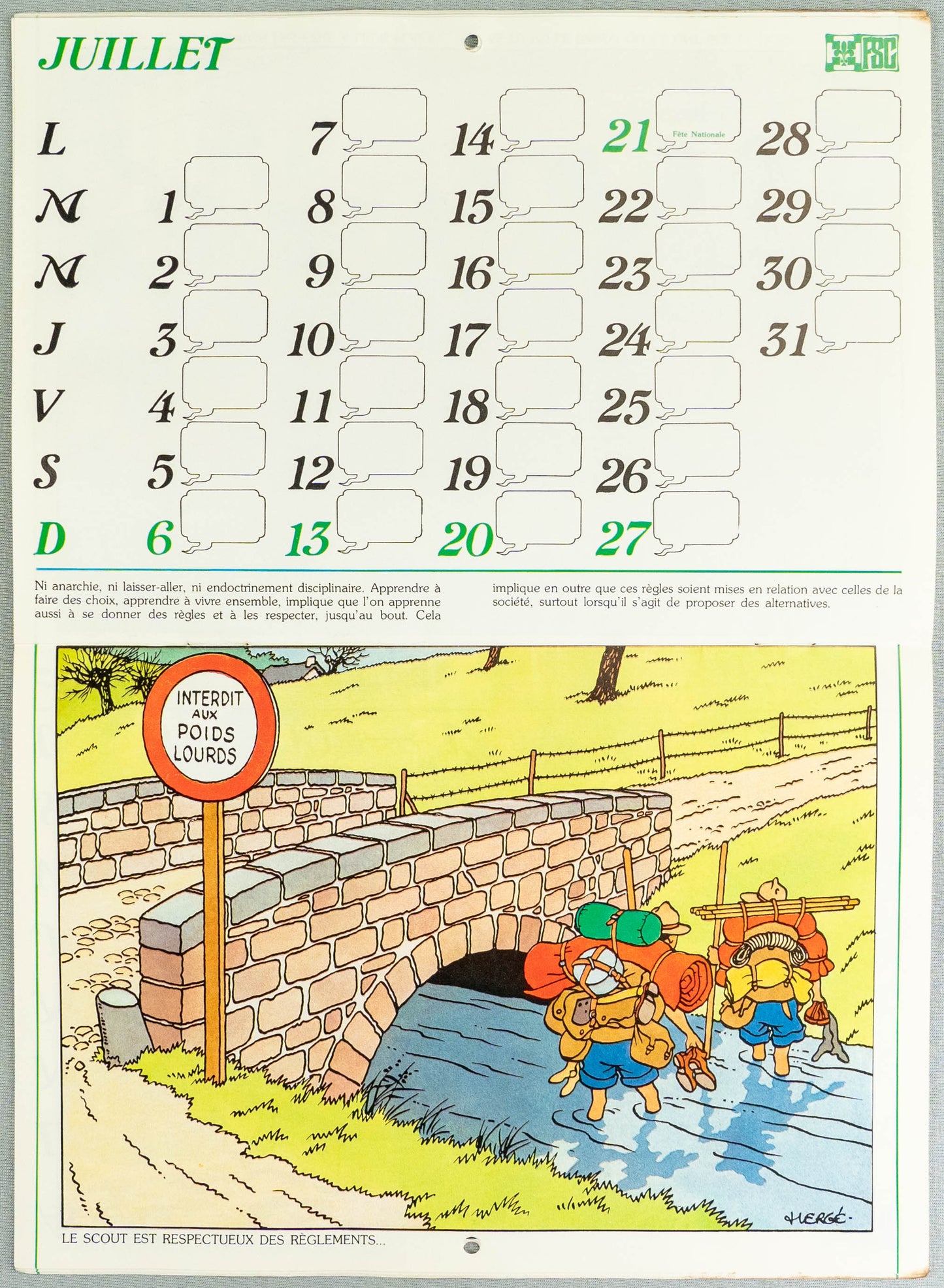 Vintage Casterman 1980 Scout Calendar illustrated by Herge EO Tintin Scoutaient