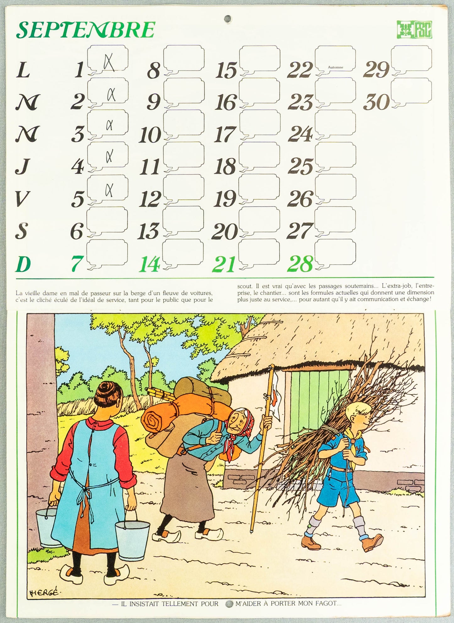 Vintage Casterman 1980 Scout Calendar illustrated by Herge EO Tintin Scoutaient