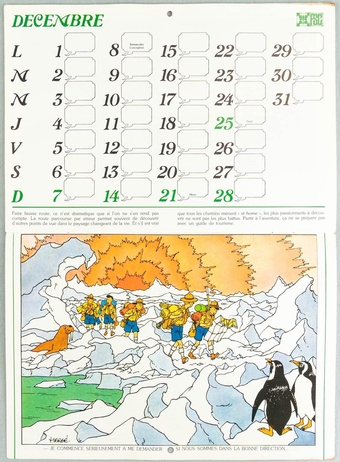 Vintage Casterman 1980 Scout Calendar illustrated by Herge EO Tintin Scoutaient