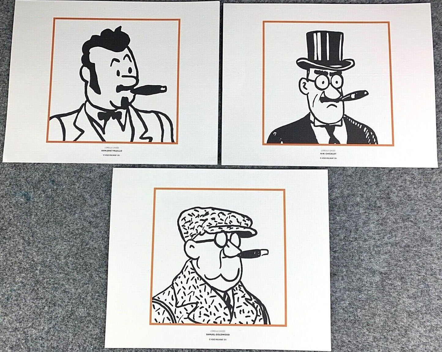 Moulinsart Tintin L'oreille Cassee x3 B&W Fringe Character Prints 24x20cm Herge ex-libris