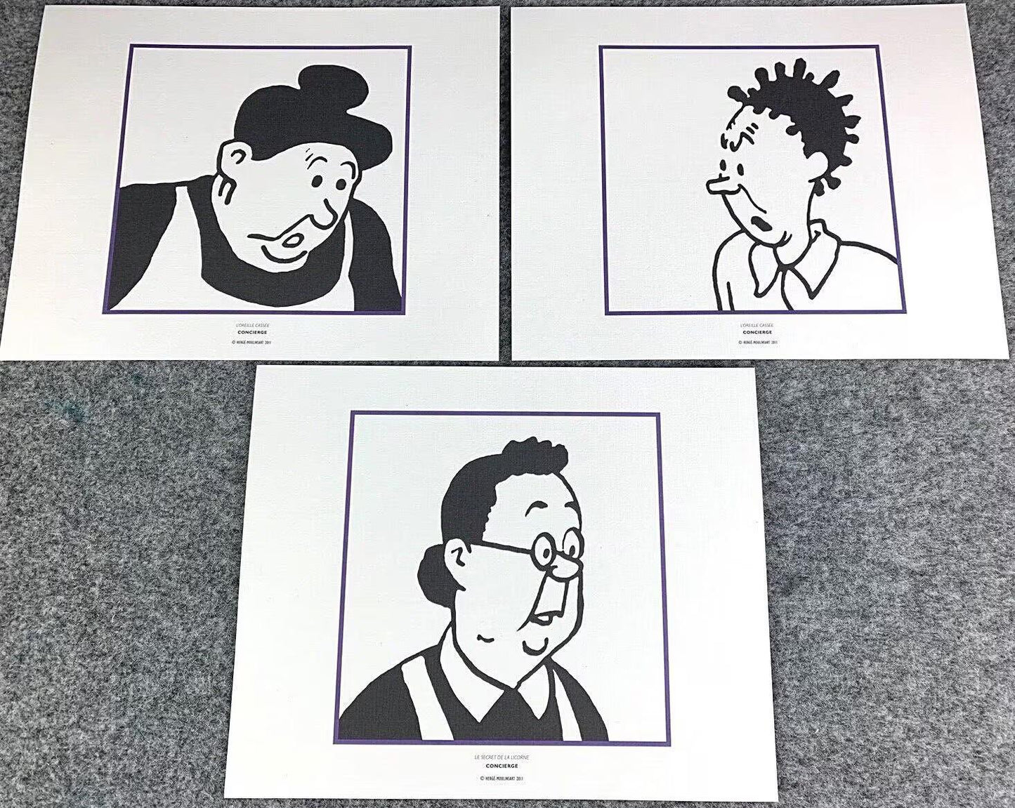 Moulinsart Tintin L'oreille Cassee x3 B&W Fringe Character Prints 24x20cm Herge ex-libris