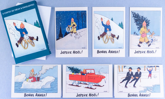 Tintin Christmas Greeting Cards: Blue Set of 6 Moulinsart Herge Xmas Gift card