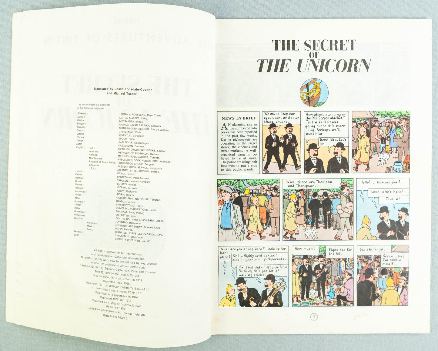 The Secret of the Unicorn - Tintin Magnet UK Paperback Edition Book 1980s