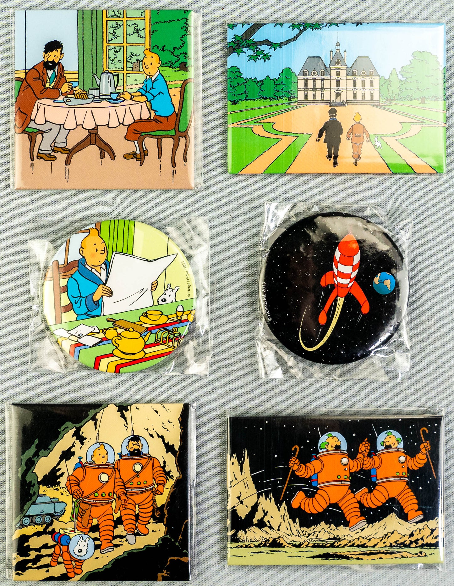 Set of 6 Moulinsart Tintin Scene Fridge Magnets 6.5cm - Moon Rocket/Marlinspike/Snowy