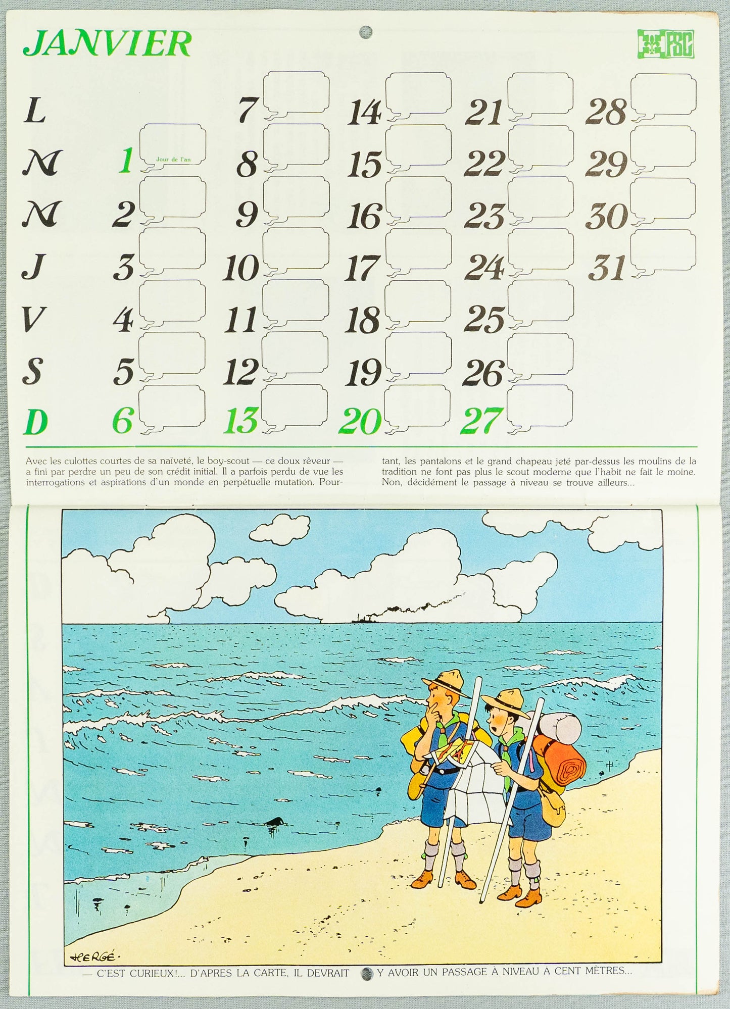 Vintage Casterman 1980 Scout Calendar illustrated by Herge EO Tintin Scoutaient
