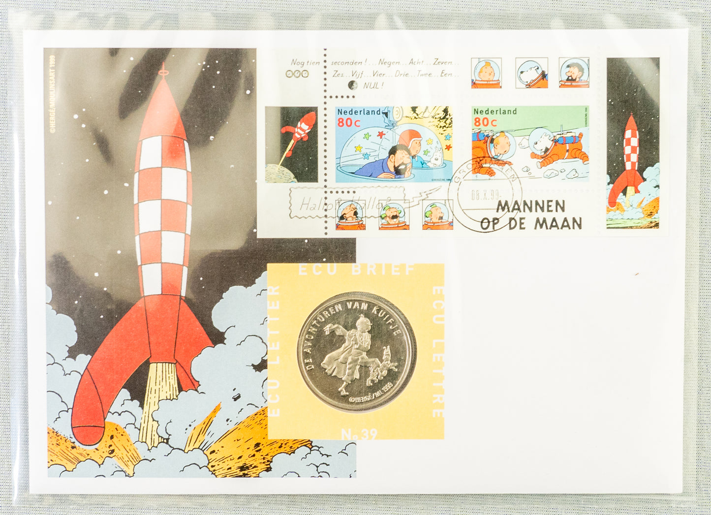 Tintin Mannen Op De Maan: Rare Belge Post/Moulinsart Tintin Postage Stamp + ECU Coin 1999 Collection