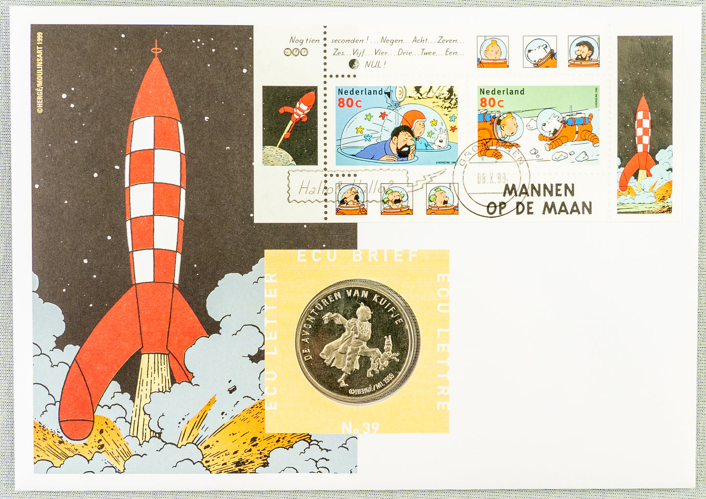 Tintin Mannen Op De Maan: Rare Belge Post/Moulinsart Tintin Postage Stamp + ECU Coin 1999 Collection