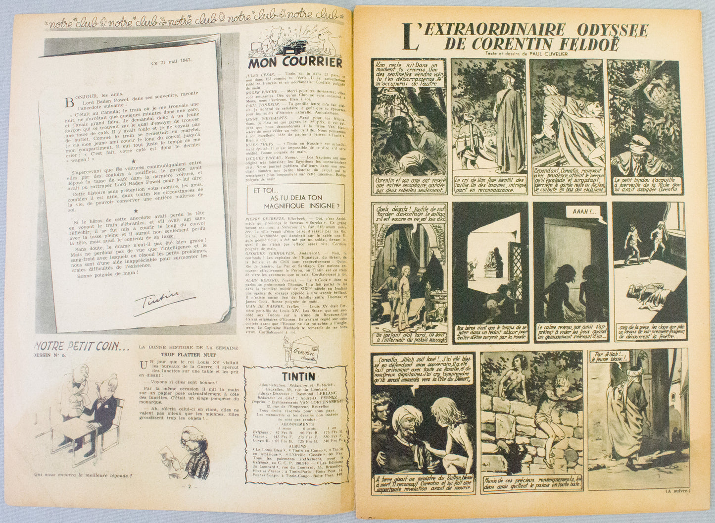 JOURNAL TINTIN Issue 21: 1947 J. Laudy Cover Edition Vintage Comic EO Couverture