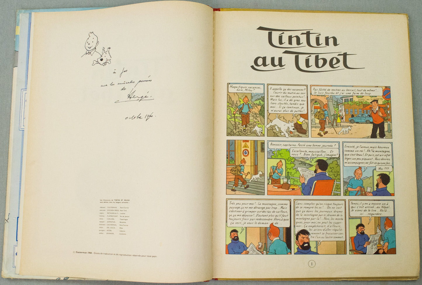 Tintin au Tibet: Casterman 1960 1st Edition HB Dedication & signed by Herge EO