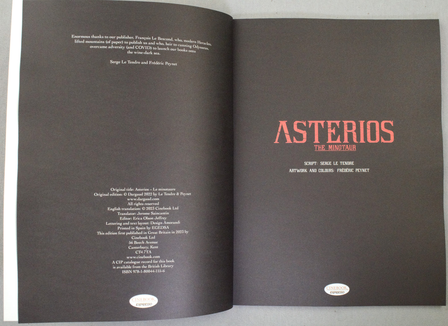 Asterios The Minotaur - Cinebook Paperback Comic 2023 UK Edition Tendre/Peynet