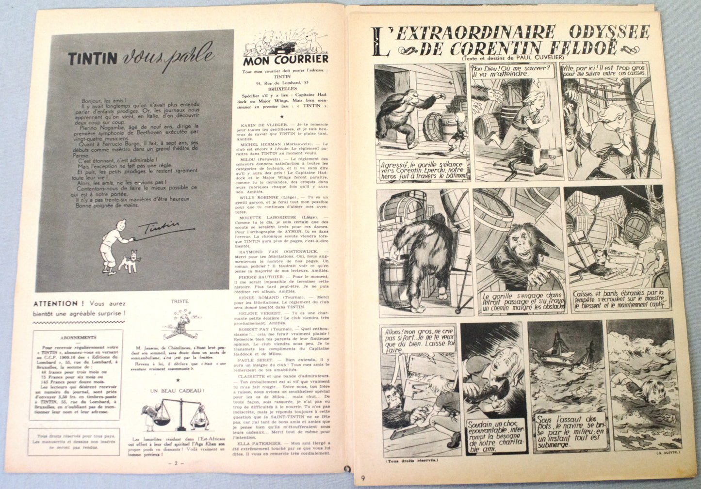 JOURNAL TINTIN Issue 9 1946 Herge Cover Edition Originale PB Vintage Comic EO
