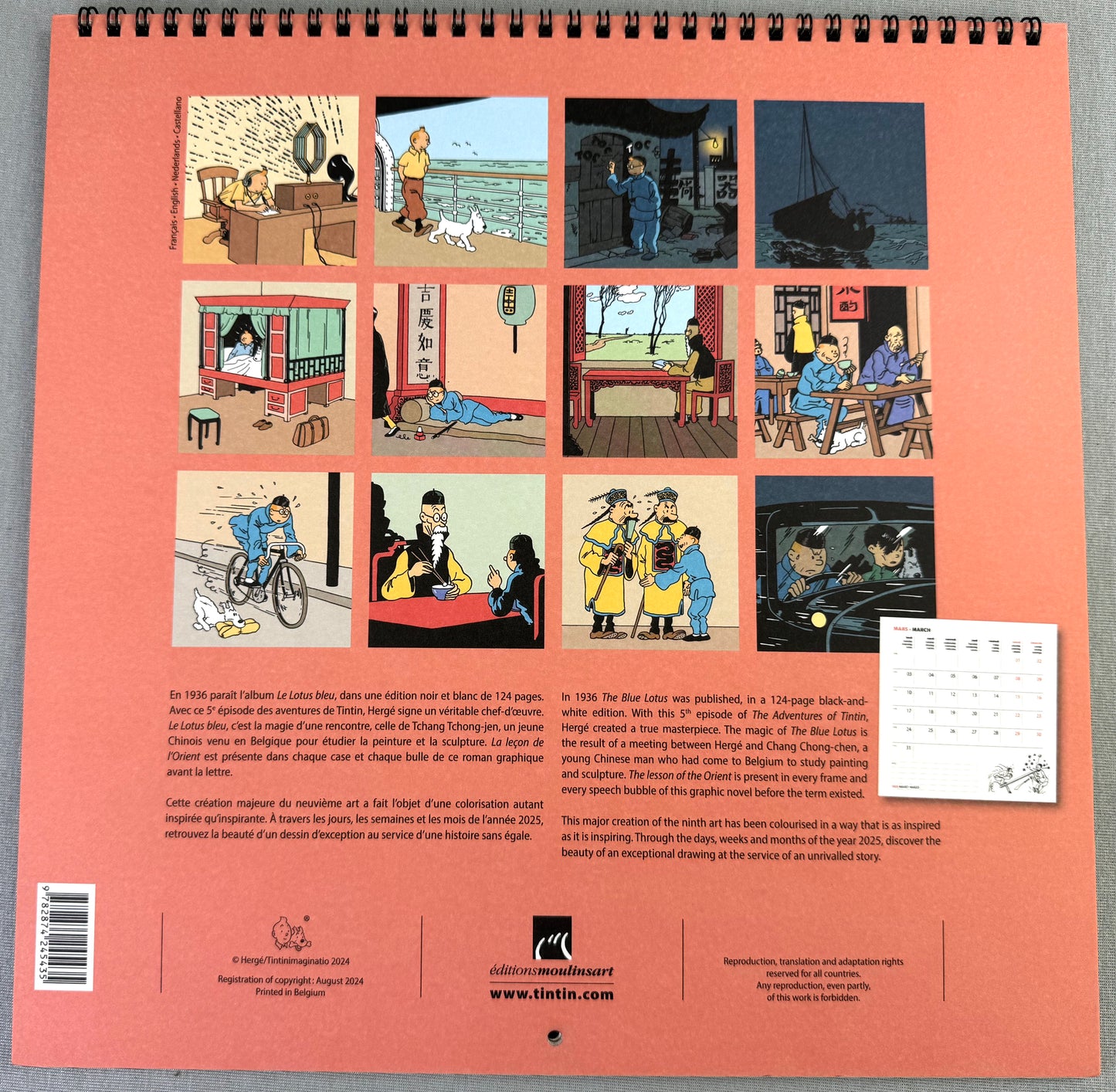 2025 Large Tintin Calendar by Moulinsart: 30x30cm Herge Iconic Blue Lotus Artwork Diary