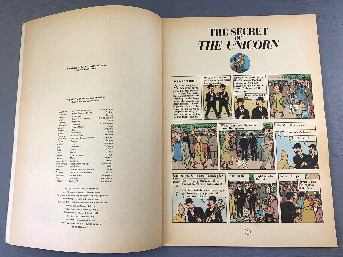 Secret of the Unicorn Methuen 1974 1st UK Paperback Edition Rare Tintin Book Herge