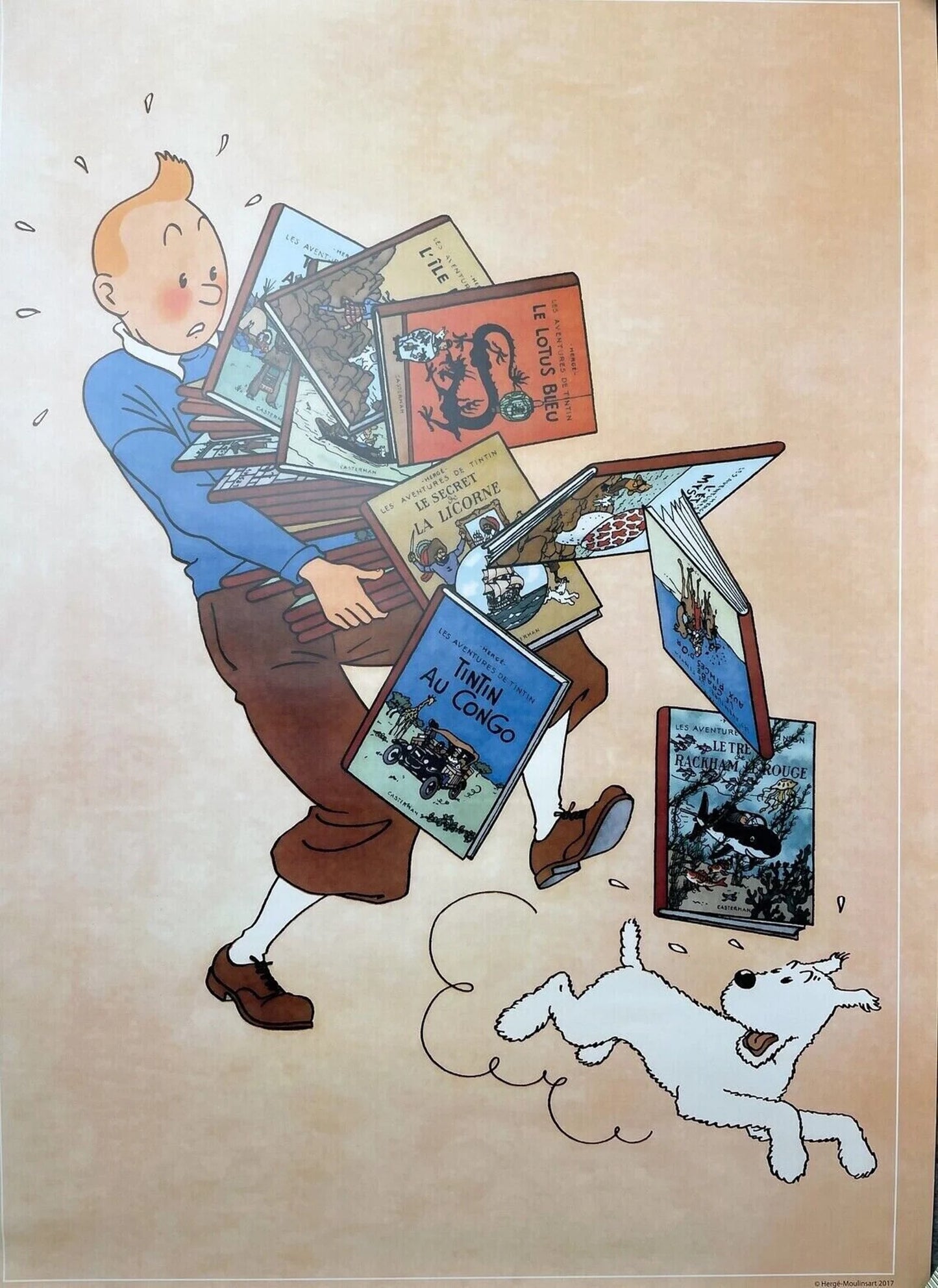 Rare Ltd Edition Moulinsart Poster 23003: Tintin Carrying Albums 60x40cm Boxed Print