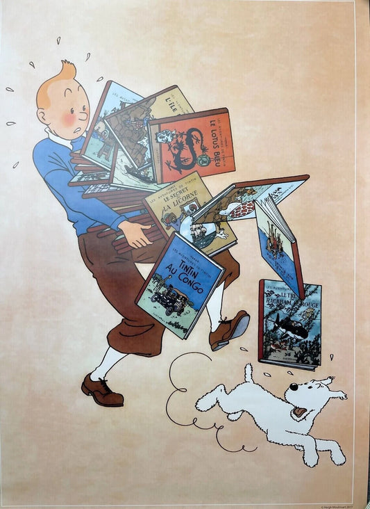 Rare Ltd Edition Moulinsart Poster 23003: Tintin Carrying Albums 60x40cm Boxed Print