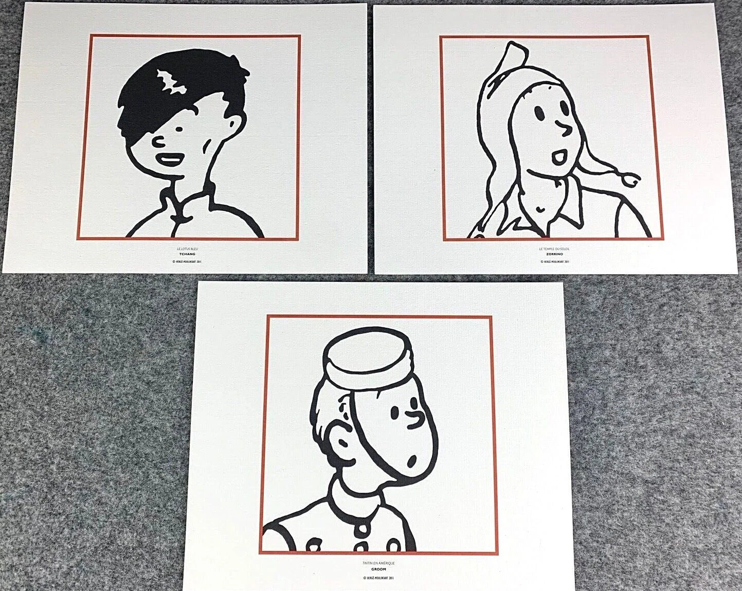 Moulinsart Tintin Le Lotus Bleu x3 B&W Fringe Character Prints 24x20cm Herge ex-libris