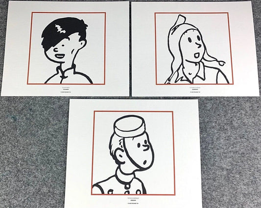 Moulinsart Tintin Le Lotus Bleu x3 B&W Fringe Character Prints 24x20cm Herge ex-libris