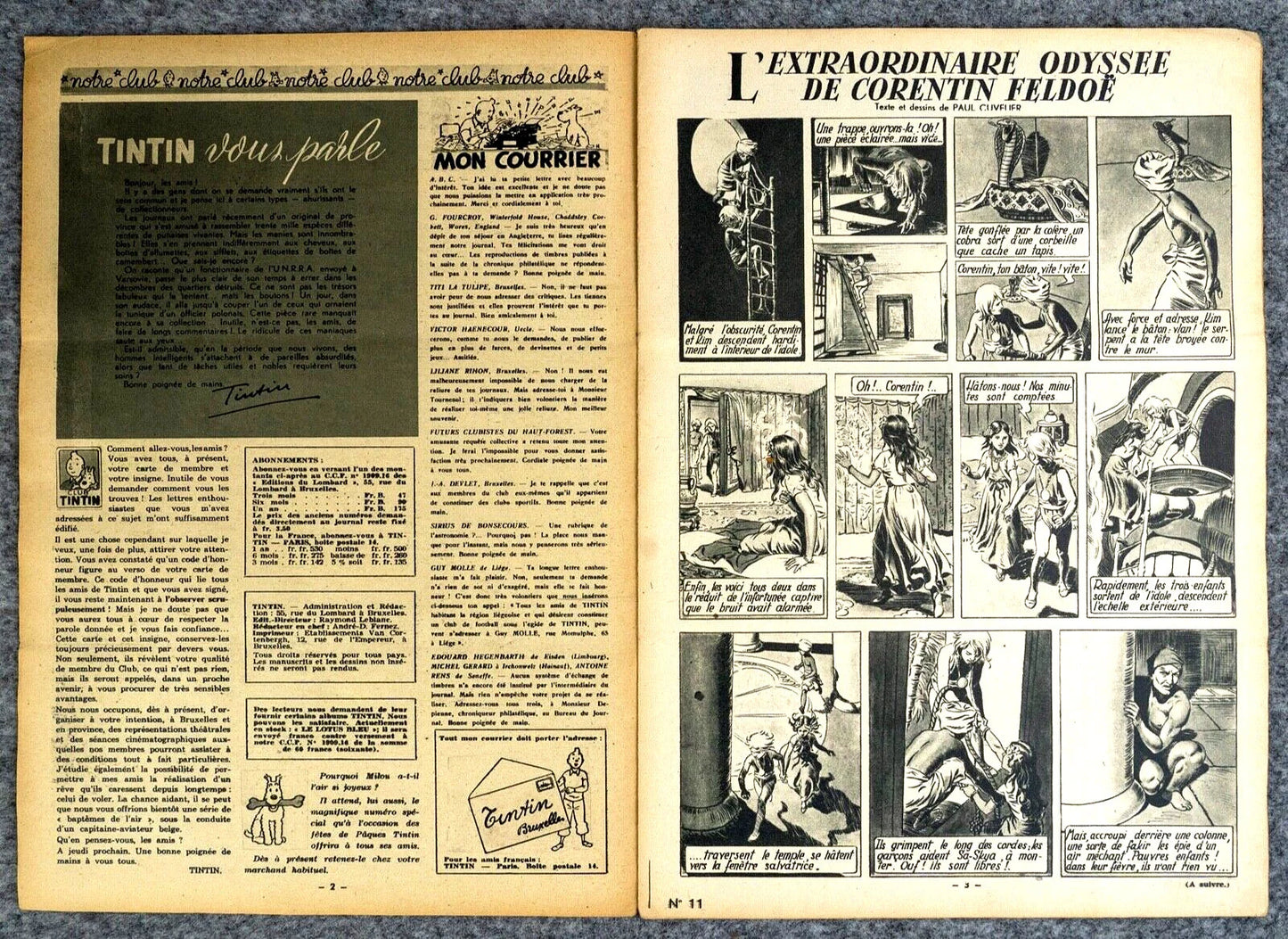 Journal Tintin Issue 11: 1947 Herge Cover Edition Originale Vintage Comic EO
