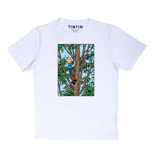 Moulinsart "Tintin Climbing Tree" Adults T-Shirt: White Cotton T Shirt - ML Hergé