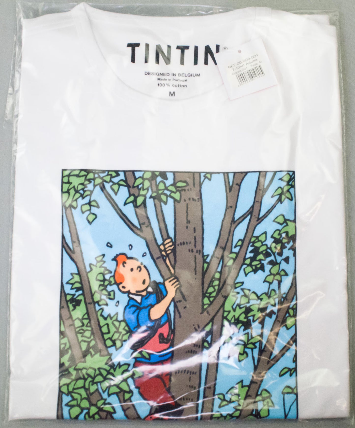 Moulinsart "Tintin Climbing Tree" Adults T-Shirt: White Cotton T Shirt - ML Hergé