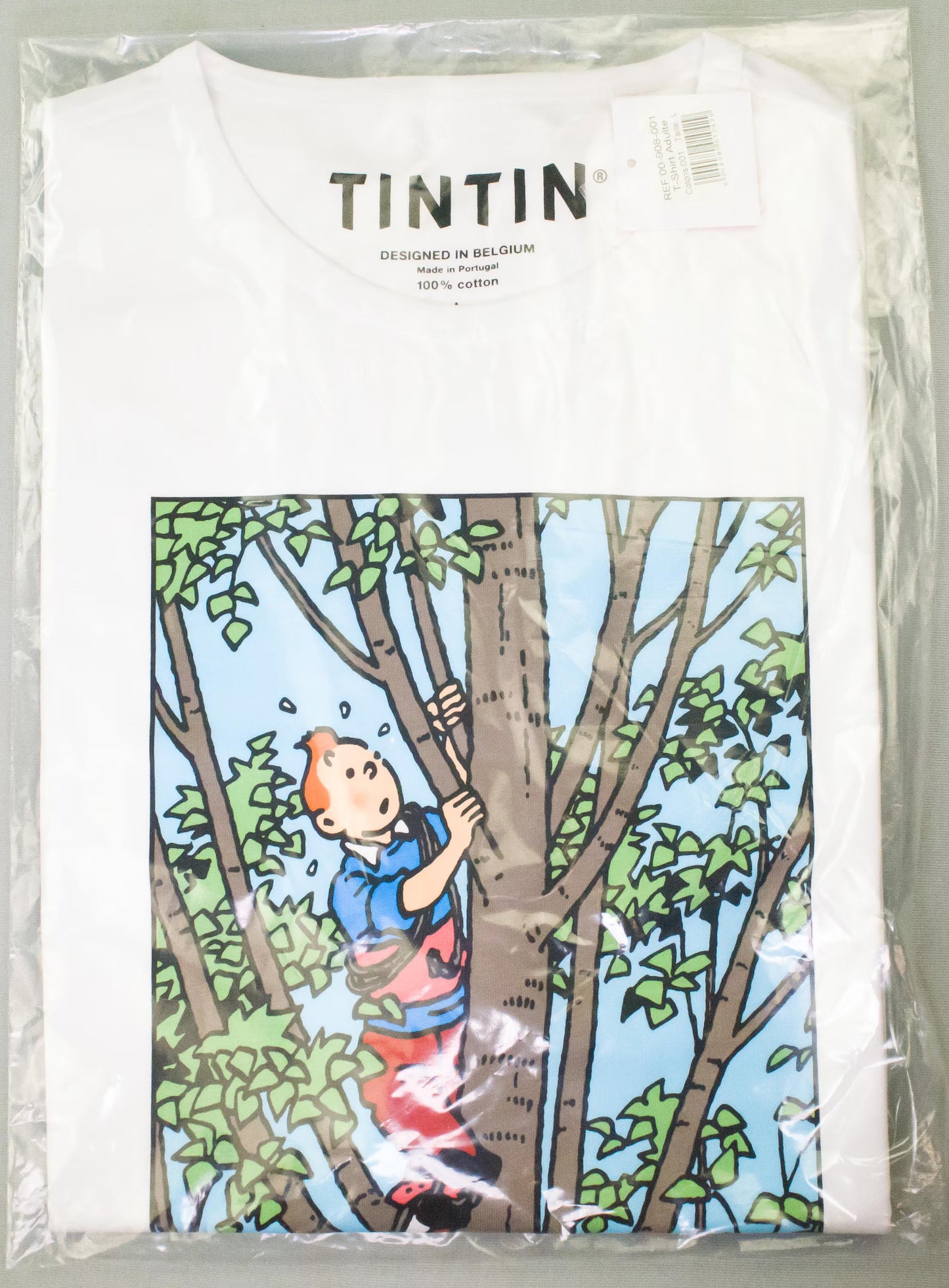 Moulinsart "Tintin Climbing Tree" Adults T-Shirt: White Cotton T Shirt - ML Hergé