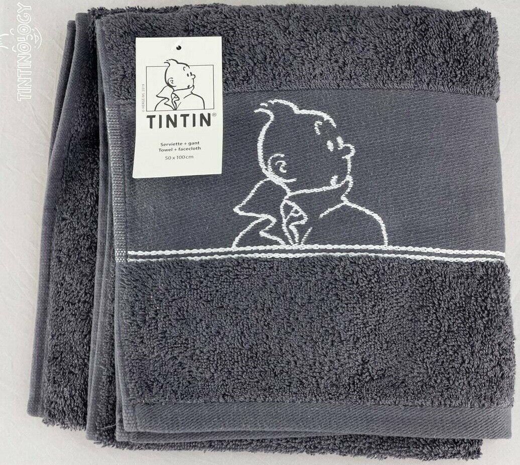 MOULINSART TINTIN 100x50cm TOWEL & WASH CLOTH/FLANNEL - Grey 100% Cotton +tags