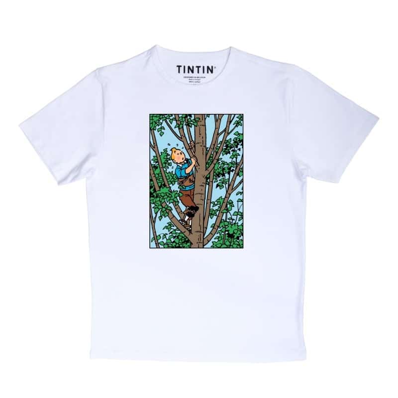 Moulinsart "Tintin Climbing Tree" Kids T-Shirt: White Cotton T Shirt - ML Hergé