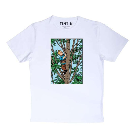 Moulinsart "Tintin Climbing Tree" Kids T-Shirt: White Cotton T Shirt - ML Hergé